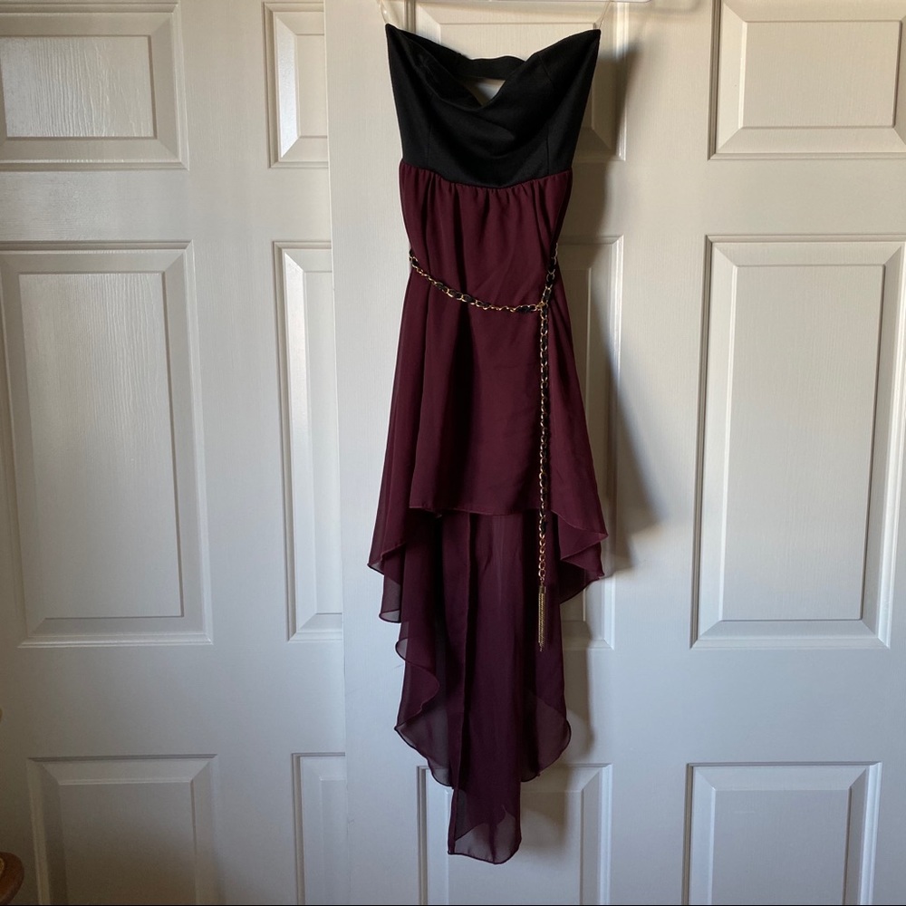 Black & maroon strapless high low dress